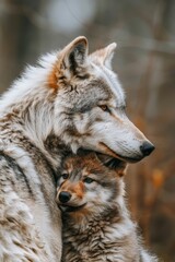  Two wolves stand side by side atop a verdant forest, teeming with numerous trees