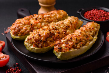 Zucchini halves baked with cheese, tomatoes, meat or meat substitute