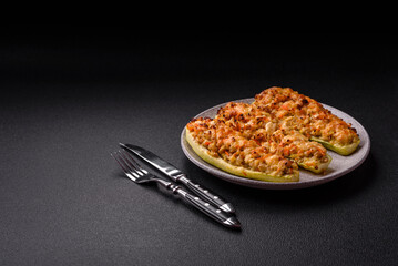 Zucchini halves baked with cheese, tomatoes, meat or meat substitute