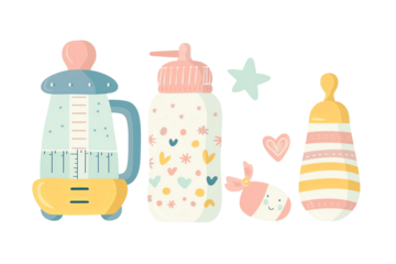 Cute baby bottle, sippy cup, and pacifier illustration with pastel colors, perfect for nursery decor or baby product branding.