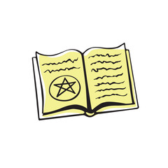 Magic spell book in doodle style. Witch open book with esoteric magical symbols. Vector illustration.