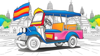 Naklejka premium Vibrant Tuk-Tuk Exploring Iconic Thai Landmarks in Bustling City