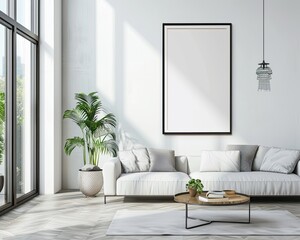 Photo of bright modern interior apartment with black frame a2 format wall mockup