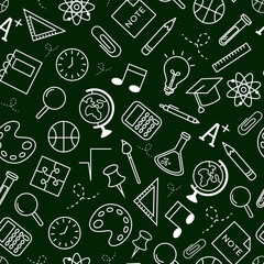 Seamless vector pattern for returning to school. White chalk drawing on the board