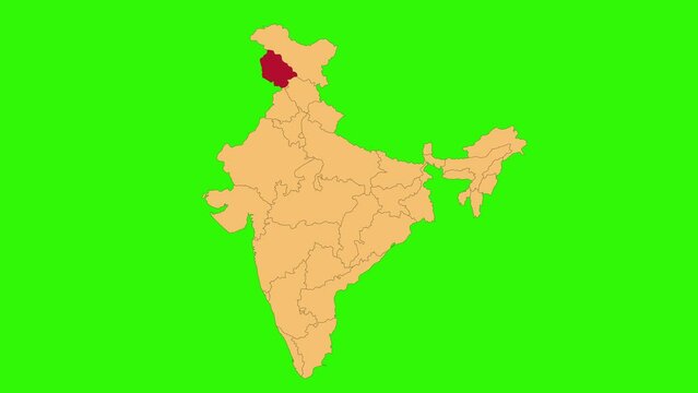 Jammu & Kashmir map animated video. Map Highlighted on the India map with animation and colour with Green screen background in video format.