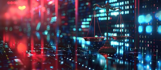 Futuristic scales of justice with technology background