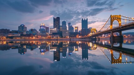 Cityscape of Pittsburgh at dusk with bridge in foreground