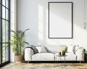 Photo of bright modern interior apartment with black frame a2 format wall mockup