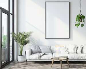 Photo of bright modern interior apartment with black frame a2 format wall mockup