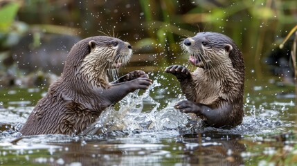 Obraz premium Two otters playing in water, paws elevated