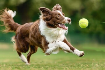 Side view. Adorable Border collie running and catching a tennis ball.