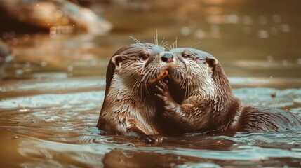 Fototapeta premium A tight shot of an otter over water, mouth agape, tongue extended