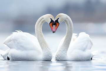 Two elegant white swans forming a heart shape with their necks on a calm lake, symbolizing love, beauty, and grace in nature.