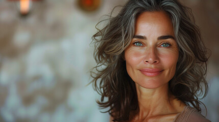 Obraz premium Stylish middle-aged European woman with gray hair, wearing fashionable attire, smiling broadly, facing the camera against a light background.
