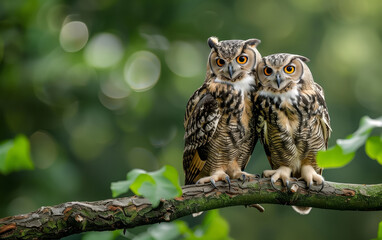 Fototapeta premium Two owls sitting closely on a tree branch in a lush green forest, showcasing their detailed feathers and keen eyes.