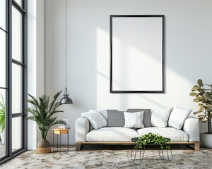 Photo of bright modern interior apartment with black frame a2 format wall mockup