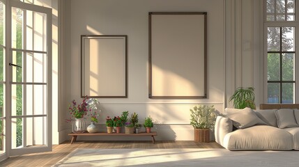 simple photography with banner material, living room concept of two large, standing rectangular photo frames, underneath there is a small shelf containing pots and flowers