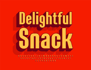 Vector creative poster emblem Delightful Snack. Bright Modern 3D Font. Trendy Alphabet Letters and Numbers set.