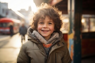Portrait of a cute little boy with curly hair in the city