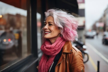 Portrait of happy woman with pink hair in the city street.