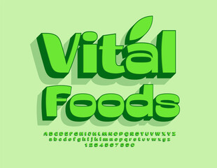 Vector healthy emblem Vital Foods. Stylish Green Font. Modern 3D Alphabet Letters and Numbers.