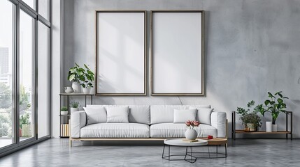 simple photography with banner material, living room concept of two large, standing rectangular photo frames, underneath there is a small shelf containing pots and flowers
