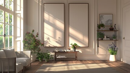 Obraz premium simple photography with banner material, living room concept of two large, standing rectangular photo frames, underneath there is a small shelf containing pots and flowers