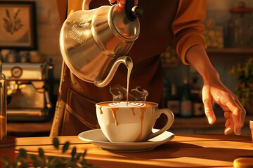 This image shows a beautifully illustrated scene of a person pouring milk into a cup of coffee, creating intricate latte art. The background includes a rustic cafe setting, contributing to a cozy