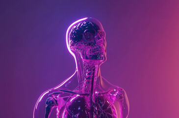 An illustration of the human anatomy with a glowing effect, showcasing the intricate details of the skeletal and nervous systems.
