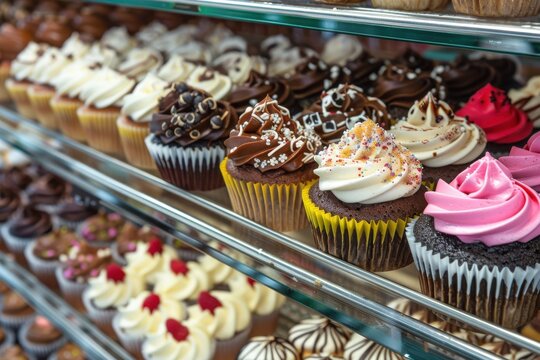 A detailed image of a bakery display case showing an assortment of beautifully decorated cupcakes in various flavors and frosting styles.