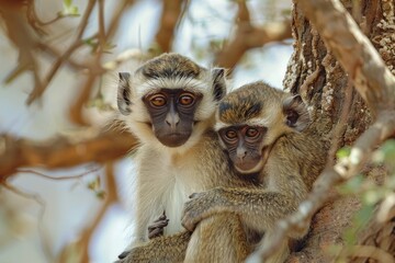 Two female vervet monkeys(Chlorocebus aethiops)sitting in a tree with their babies, Amboseli National Park. Kenya