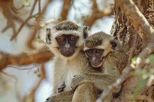 Two female vervet monkeys(Chlorocebus aethiops)sitting in a tree with their babies, Amboseli National Park. Kenya
