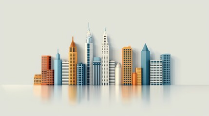 Obraz premium Minimalistic illustration of a vibrant city skyline with colorful buildings against a light background, reflecting modern urban design.