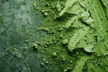 Close up of matcha face mask vibrant green texture, track top view. Natural ingredients. Beauty mask abstract background for cosmetic product.