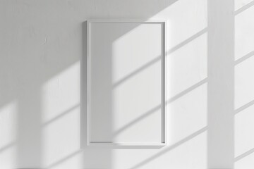 White rectangular vertical frame hanging on a white wall mockup. Clear design mock up template reflection, shadow overlay