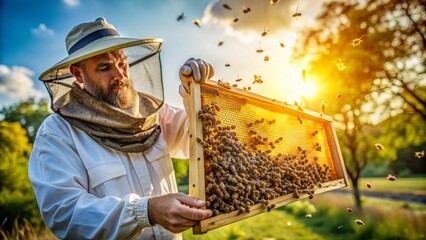 beekeeper holding a frame with bees