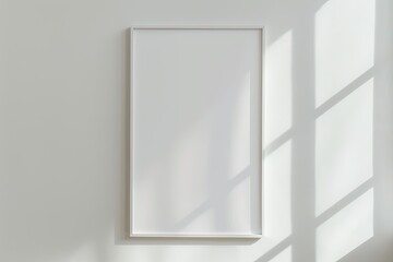 White rectangular vertical frame hanging on a white wall mockup. Clear design mock up template reflection, shadow overlay
