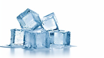 Close-up of clear ice cubes stacked together, melting on a white background, representing freshness, cold, and refreshment.