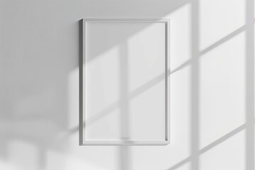 White rectangular vertical frame hanging on a white wall mockup. Clear design mock up template reflection, shadow overlay