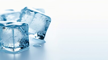 Obraz premium Close-up of melting ice cubes on a reflective surface, highlighting the freshness and coolness, ideal for refreshment concepts.