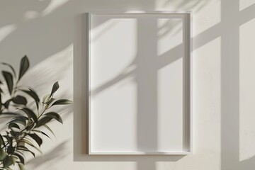 White rectangular vertical frame hanging on a white wall mockup. Clear design mock up template reflection, shadow overlay