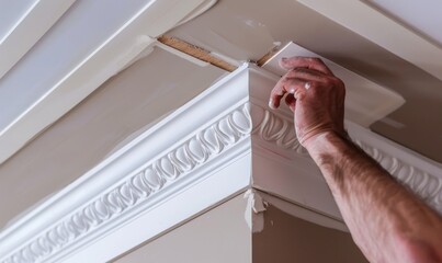 skilled worker applying decorative trim to ceiling, focusing on intricate woodwork details, showcasing craftsmanship and aesthetics in interior design, high-quality close-up shot
