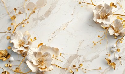 3D floral marble background with golden flowers and leaves, white wall, golden vines, gold foil accents, high resolution, highly detailed, hyperrealistic, luxurious design