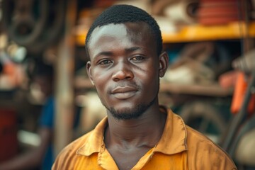 Fototapeta premium Portrait of a young african man in an orange shirt, with a focused and serious expression