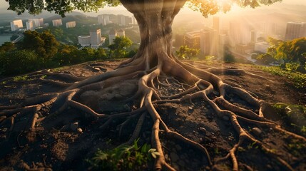 Intertwined Tree Roots Connecting Global Landmarks and Cultural Diversity
