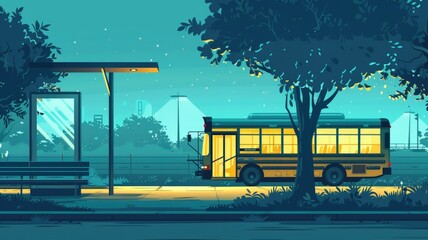 Obraz premium A school bus arriving at a bus stop under a starry sky, illustrated in a web banner style.