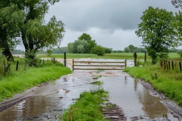 Photograph of a rural road flooded by heavy rains, blocked by a wooden fence with lush green surroundings, illustrating the impact of natural calamities