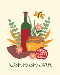 Rosh Hashanah holiday concept, greeting card. Wine, honey, pomegranate, bee on a beige background. Warm colors. Vector illustration.