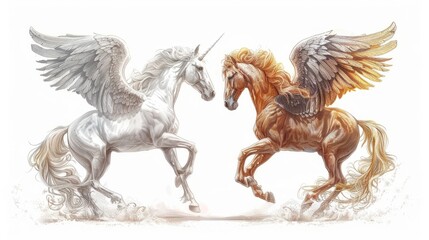 Fototapeta premium Two winged horses on white background, one white and one brown, rear on their hind legs label design 
