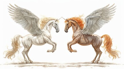 Fototapeta premium Two winged horses on white background, one white and one brown, rear on their hind legs label design 
